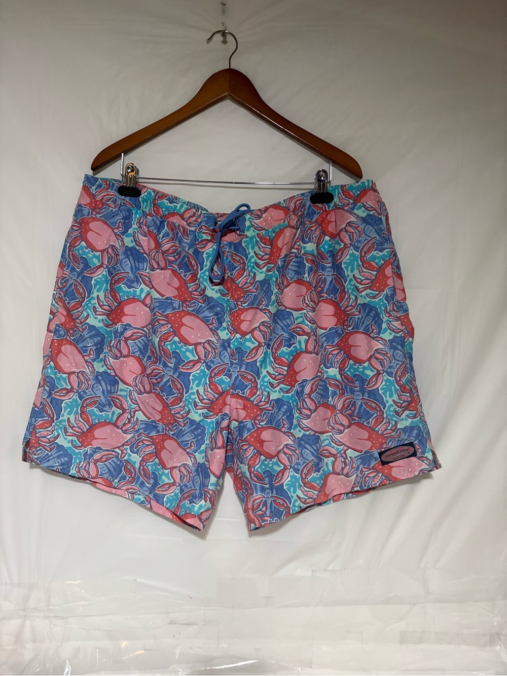 Vineyard Vines Blue Swim Shorts with Pink Crab Print